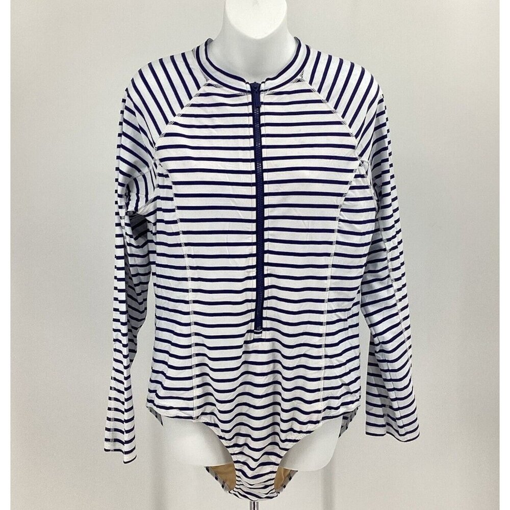 Cabana Life Women's Blue White Print LS Swimsuit  Front Zipper SPF 50+ Size XL
